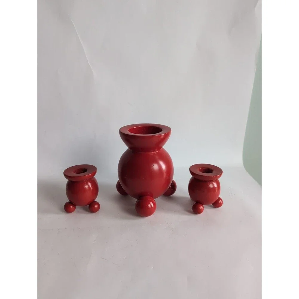 Vtg Scandinavian Red Candlestick Taper Candle Holders Sweden Nordic Set of 3